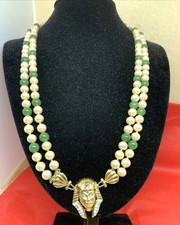 COLLANA ANNI 80 IN GIADA E PERLE DI SINTESI STILE EGIZIO IN ARGENTO 925 PL. ORO