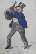 CARICATURA dell' '800 Bevitore di vino Ubriacone Firenze dipinto a firma TRICCA