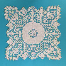 Centrino antico vintage quadrato in filet 40 cm bianco avorio