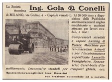 PUBBLICITA' 1909 RULLO COMPRESSORE A  VAPORE GOLA E CONELLI CARRI BOTTE STRADE