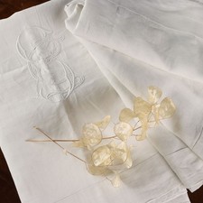 Antico Lenzuolo Matrimoniale Lino Cifrato Bianco Italia XX Secolo Originale