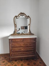 Splendido Comò Antico Luigi Filippo in Radica di Noce con Piano in Marmo Bianco