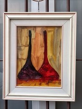 Dipinto - Olio Su Tela - Bottiglie Stilizzate - Rossa E Blu