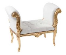 Panca Panchetta In Legno Foglia oro Stile Luigi Xv Eco-Pelle Bianca