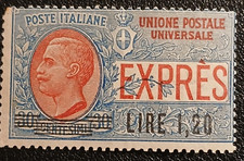 1921 REGNO ESPRESSO LIRE 1,20 SU 30 CENT. AZZURRO E ROSSO  MNH **  SASSONE 5