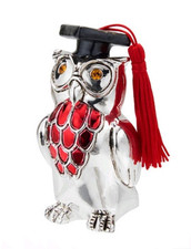 STATUA SCULTURA GUFO LAUREA Cm.8x4 H RIVESTITO IN ARGENTO 925% SMALTO ROSSO 7771