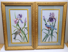 Vintage Kay Agnello Shannon Stampe Fiore Iris Blu Uccellino Opaco Tono Oro Cornice