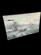 olio su tela marina Con Barca E Personaggi Da Restaurare