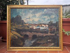 ANTICO DIPINTO AD OLIO - PAESAGGIO FLUVIALE NORD EUROPA - FIRMATO E DATATO '54