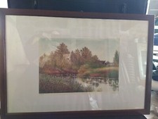 Quadro Litografia Primavera sul fiume  M.Benetti Siena Cornice Legno Disegno 