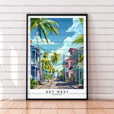 Key West Street scena senza cornice Tropical Key West Florida illustrazione stampa artistica