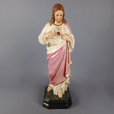 Antica Statua Sacro Cuore Di Gesù Gesso Dipinto a Mano Arte Religiosa Inizio 900