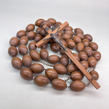 ANTICO GRANDE ROSARIO IN LEGNO VINTAGE CROCIFISSO DA PARETE LUNGHEZZA 154 CM
