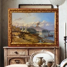 quadro dipinto a olio su tela paesaggio Napoli  con cornice oro in stile antico