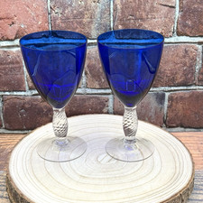 Calici bicchieri cristallo vino acqua blu cobalto vintage con steli trasparenti torsione set di 2