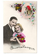 1941 cartolina Buona Pasqua d'epoca coppia innamorati campane casetta uccelli