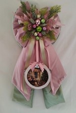 FIOCCO FUORIPORTA NATALIZIO Velluto  Rosa e Verde con Tamburello decoupage cm63