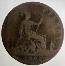 1892 Victoria One Penny Coin |