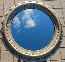 Specchio rotondo anticato shabby chic legno dipinto a mano bianco e oro perle