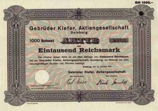 Gebrüder Kiefer 1941 Duisburg Westfalia 1000 Reichsmark titoli storici
