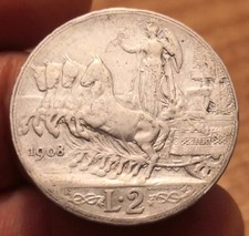 Moneta 2 Lire 1908 Quadriga