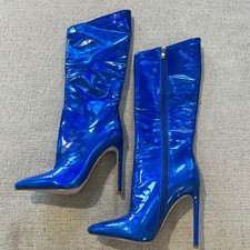 Stivali al ginocchio stiletto a punta metallizzati blu Azalea Wang Nova taglia 6