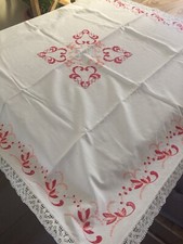 Tovaglia Centro Tavolo Ricamo Fatto A Mano Tulipani Foglie  E Rami Rosa