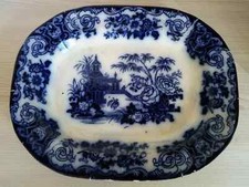 ANTICO VASSOIO OVALE DEL 1800 PORCELLANA STILE WEDGWOOD CON DISEGNO ORIENTALE