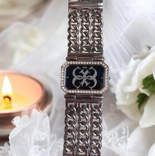 Orologio Guess Donna Statement Cristalli Quadrante Nero Bracciale Argento Catene Nuovo Batt