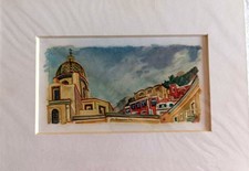 OPERA DEL MAESTRO  DOMENICO ROMANO MIS 7X14 CM.   POSITANO VISTA CON  CHIESA