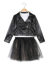 Smile Yes Completo 3 pezzi da bambina con giacca in ecopelle e gonna in tulle