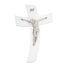 Crocefisso parete Moderno Legno Croce stilizzata BIANCA con corpo scultoreo Grig