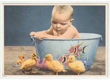 Non Viaggiata cartolina vintage Buona Pasqua bambino bagno tinozza papere
