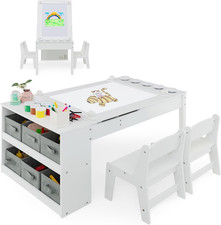 Tavolo per Bambini 3 in 1, Tavolo in Legno Con 2 Sedie, Cavalletto Bianco Con Ta