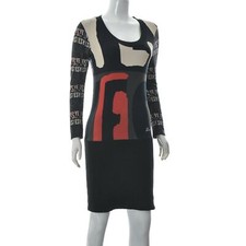 Abito top donna Desigual maglia a costine nero stampato manica lunga S originale