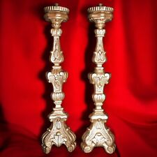 XXL COPPIA DI ANTICHI CANDELIERI TORCIERI IN LEGNO FOGLIA ORO 1700 XVIII SEC