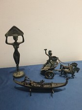 3X Scultura In Bronzo Gondola Veneziana Biga Con Cavalli Dea Donna Etrusca