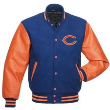 Nuova giacca Letterman Chicago Bears Varsity - lana blu e maniche in pelle arancione