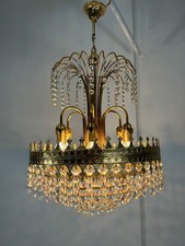 Lampadario vintage anni 60 70 con gocce di Cristallo perlato con struttura Oro