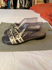 VERSACE LUSSO PELLE SANDALI BASSI MULES WHITE SILVER CHAIN AUTH 39 EUR 9 US 6 UK