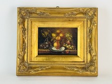 Quadro Con Dipinto Ad Olio Su Tavola Legno “Natura Morta” Cornice Dorata