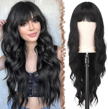 Parrucca Nero Ondulata Con Frangia per Donna, 65 Cm Parrucche Lunga Ondulati Ric