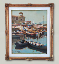 Marina napoletana-Paesaggio marino-Porto con barche dipinto olio originale firmato