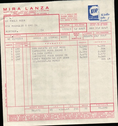 Fattura miralanza anno 1967 - -,