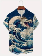 Camicia a Maniche Corte con Stampa di Onde Marine e Draghi: Vacanza estiva