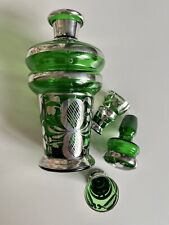 Antica Bottiglia/Set da rosolio in vetro verde e argento stile Liberty