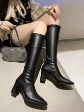 stivali stivaletti donna ginocchio 7 cm nero stretti pelle sintetica CZ617