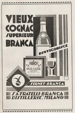 PUBBLICITA' 1933 FERNET BRANCA MILANO VIEUX BOTTIGLIA Enrico Mario PINOCHI