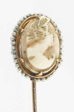 Antico 14k Oro Cover Cameo & Grigio Grani Perla Bastone Pin Vittoriano