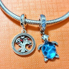 Set 2 charm argento 925 tartaruga albero della vita zirconi portafortuna 